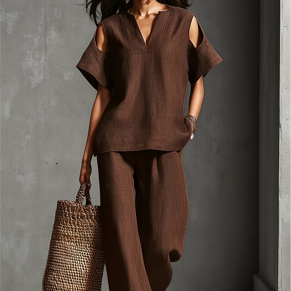Linen Pant Wide - Damen Zweiteiler aus Leinen in Unifarbe