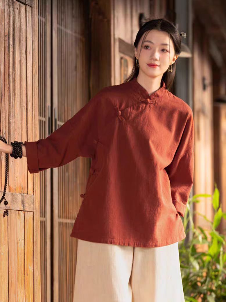 Linen Pant Wide - Neues chinesisches Stil-Set: Lockeres Langarm-Baumwoll-Leinen-Hemd und
